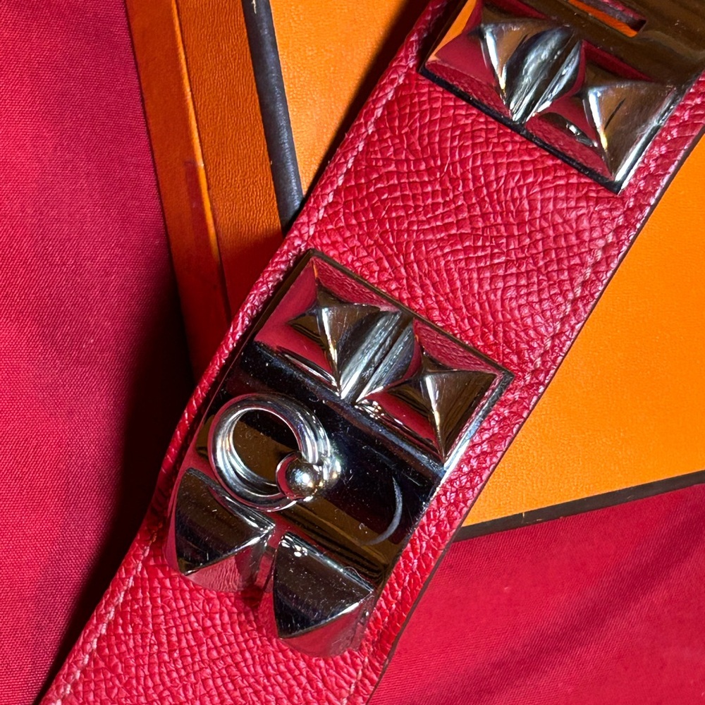 SOLD .. Hermes Collier de chien leather bracelet in red n silver